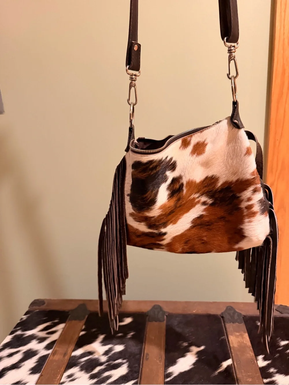 Cowhide Fringe Crossbody Bag - Brown & White